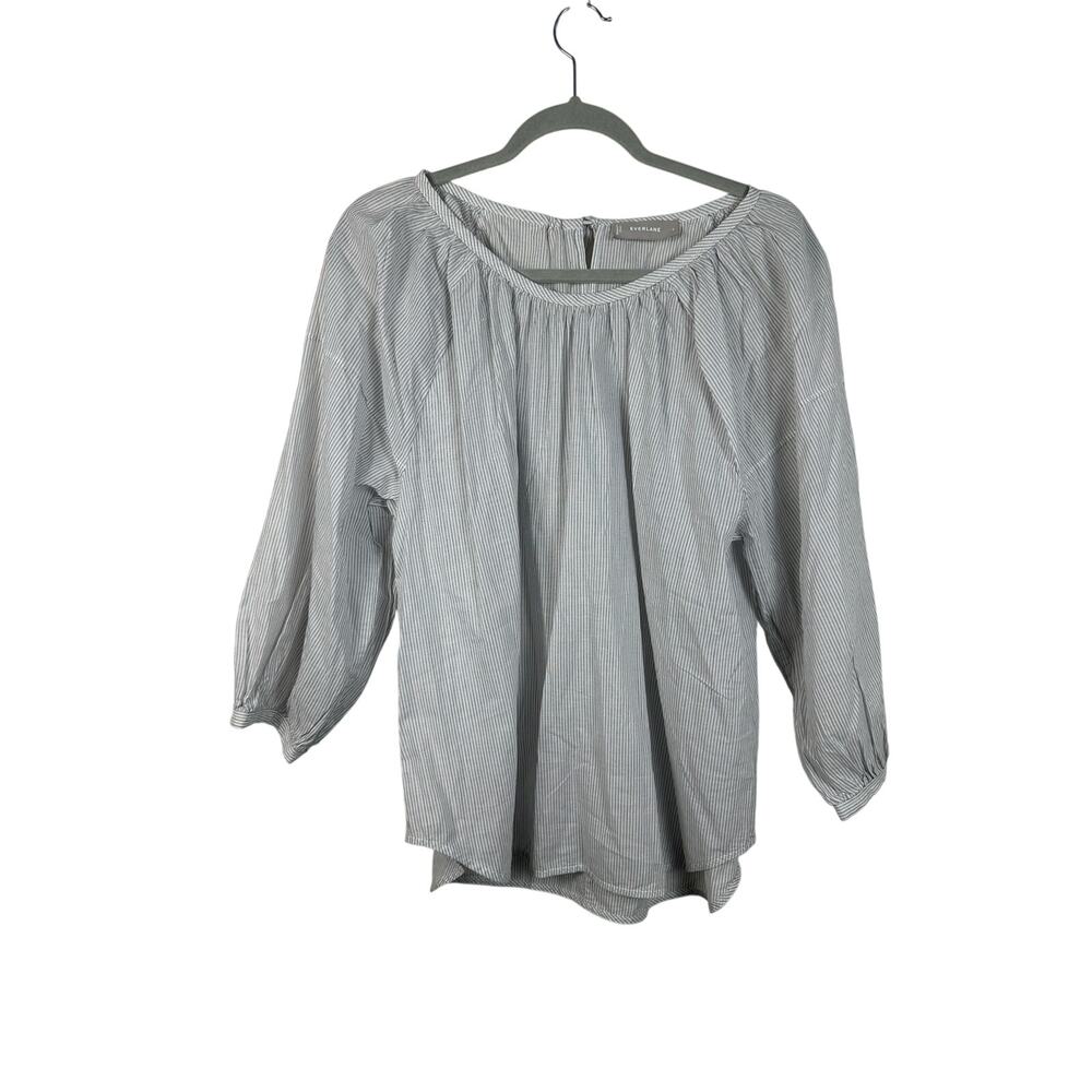 Everlane‎ Ruched Air Peasant Blouse Women 8 Gray Striped Excellent Cotton Gauze
